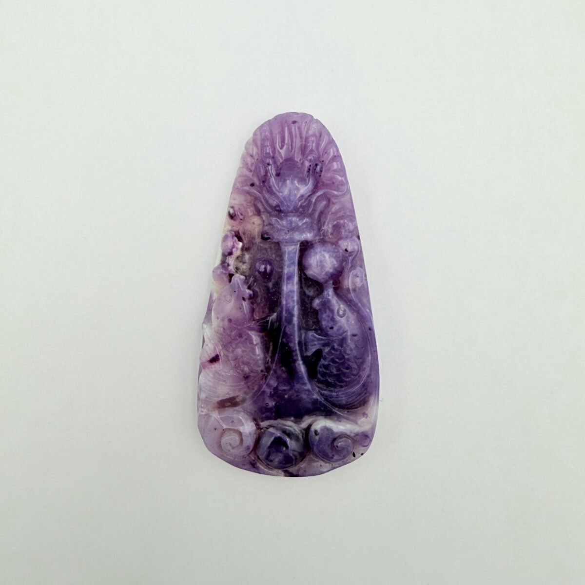 Alternative view of Hand-Carved Purple Opal Dragon & Twin Fish Pendant – Natural Polished Gemstone